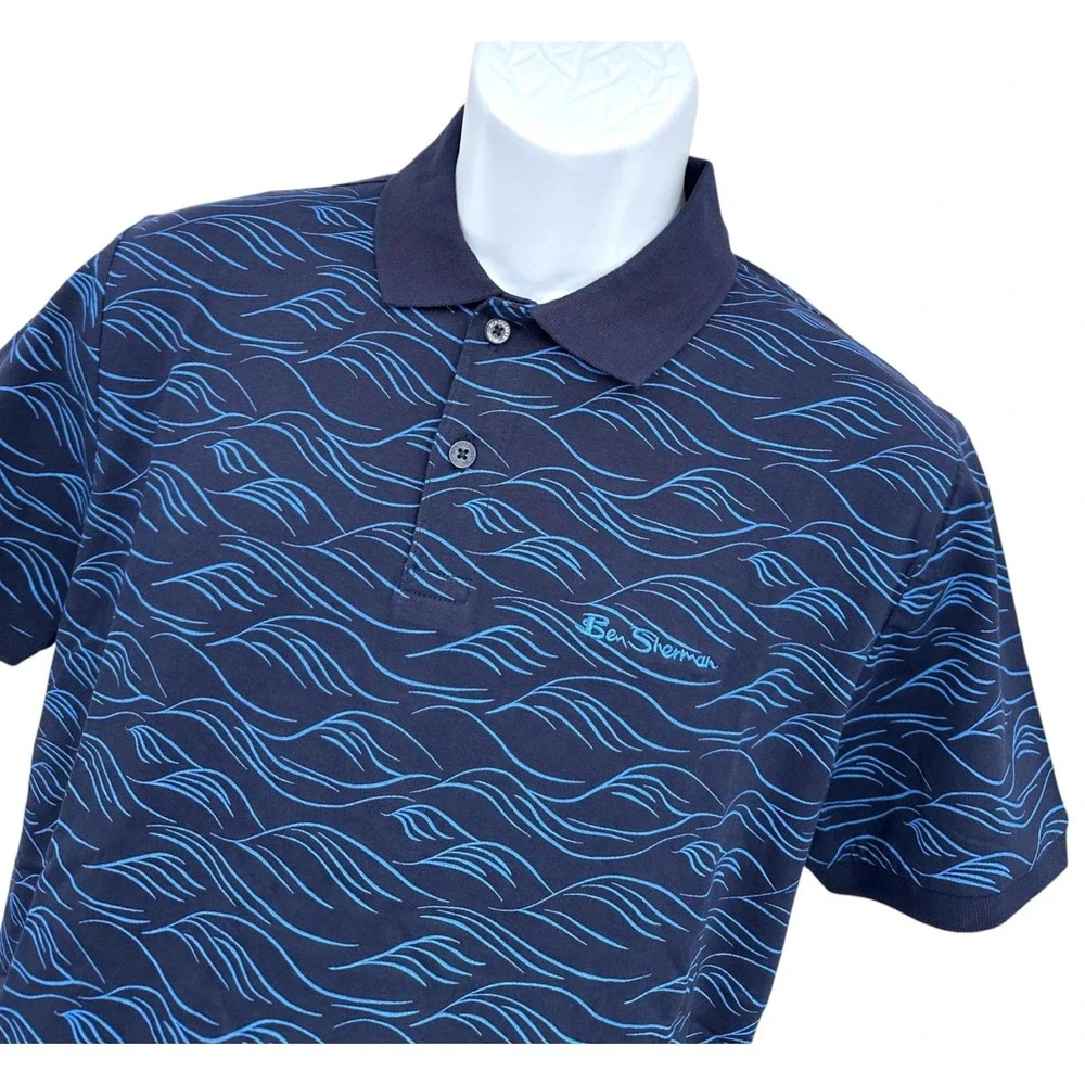 Ben Sherman Polo Shirt Short Sleeve Marine Blue Wave Men's Small Regular Fit NWT